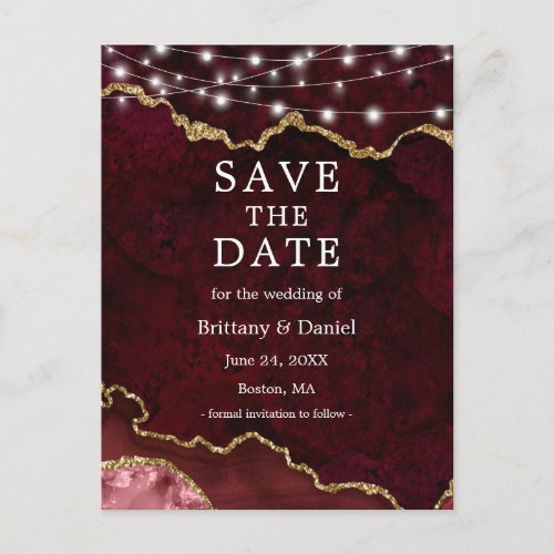 Burgundy Gold Marble Geode Lights Save The Date Announcement Postcard