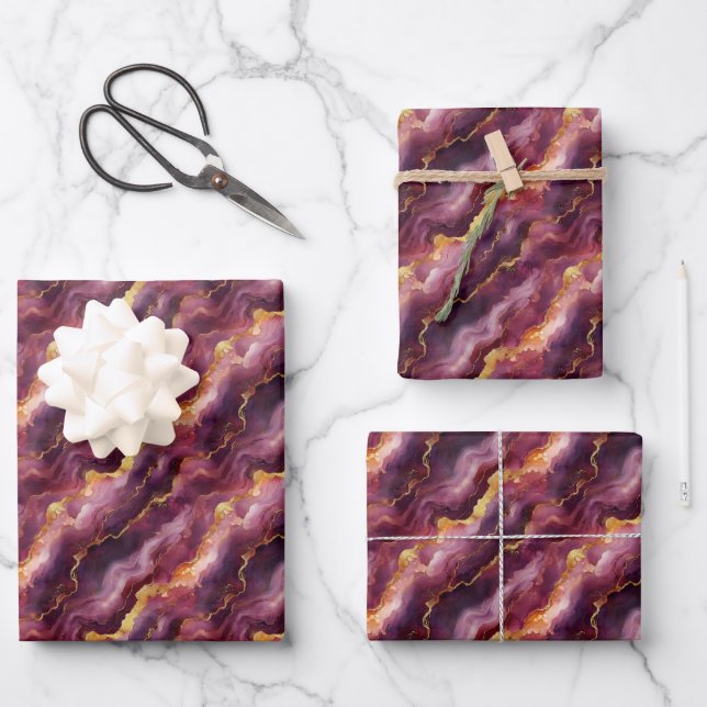 Burgundy & Gold Marble Wrapping Paper Sheets (Front)