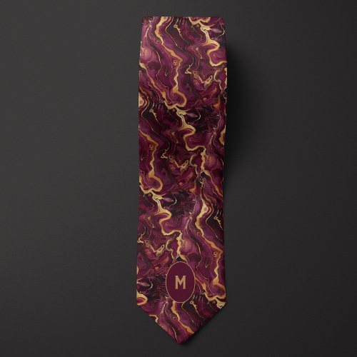 Burgundy  Gold Marbled Monogram Neck Tie