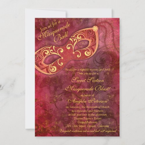 Burgundy Gold Masquerade Ball Sweet 16 Birthday Invitation