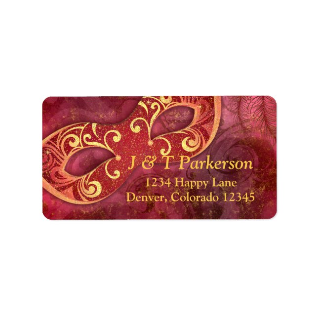 Burgundy Gold Masquerade Wedding Address Label (Front)