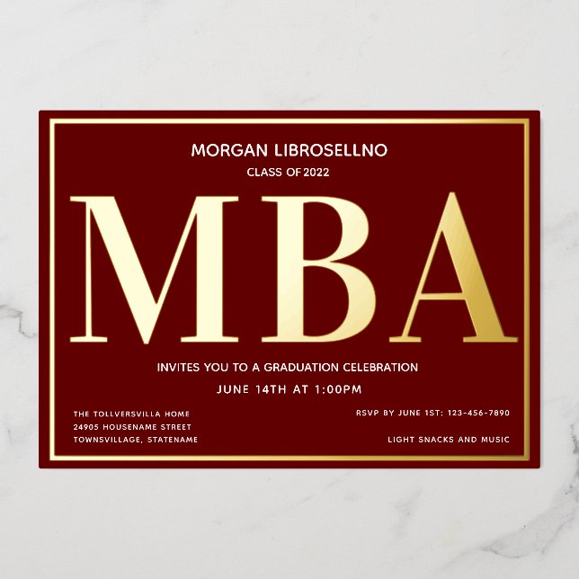 Burgundy Gold MBA Graduation Foil Invitation (Front)