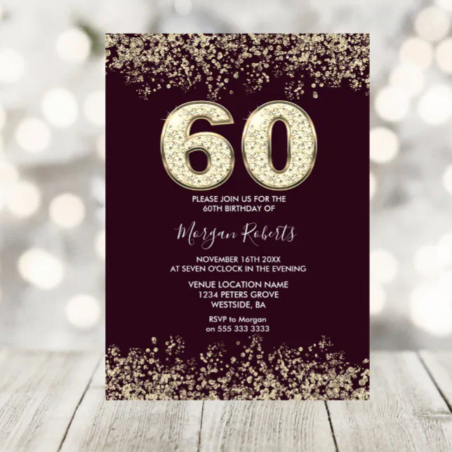 Burgundy & Gold Mens or Womans 60th Birthday Party Invitation | Zazzle