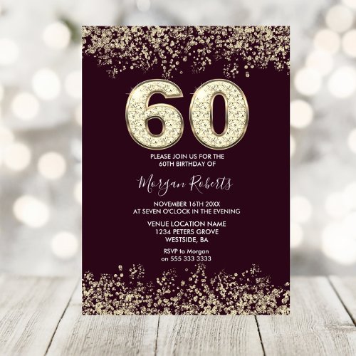 Burgundy  Gold Mens or Womans 60th Birthday Party Invitation