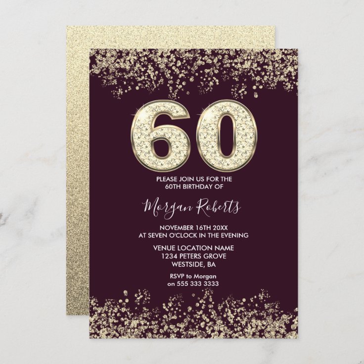 Burgundy & Gold Mens or Womans 60th Birthday Party Invitation | Zazzle