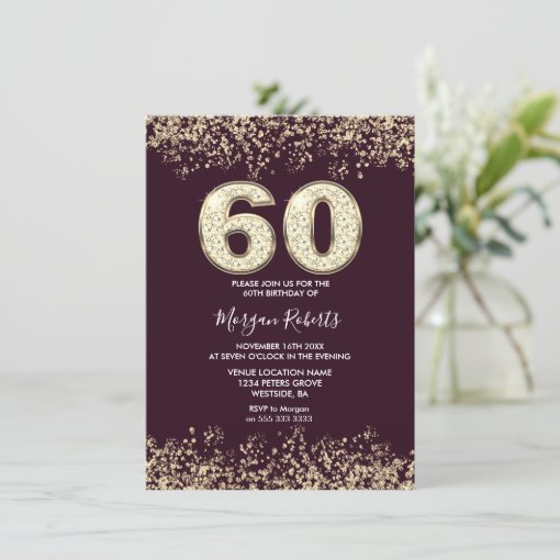 Burgundy & Gold Mens Or Womans 60th Birthday Party Invitation 