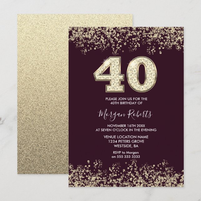 Burgundy & Gold Mens Womans 40th Birthday Party Invitation (Front/Back)