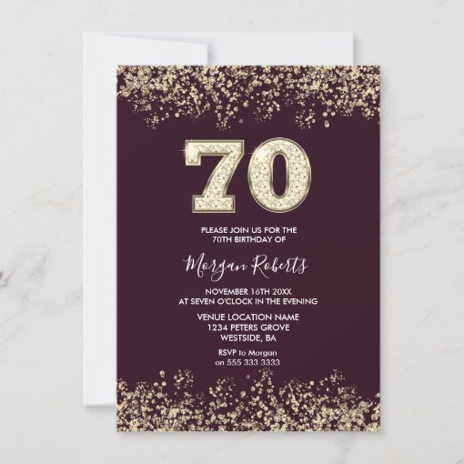 Burgundy & Gold Mens Womans 70th Birthday Party Invitation | Zazzle