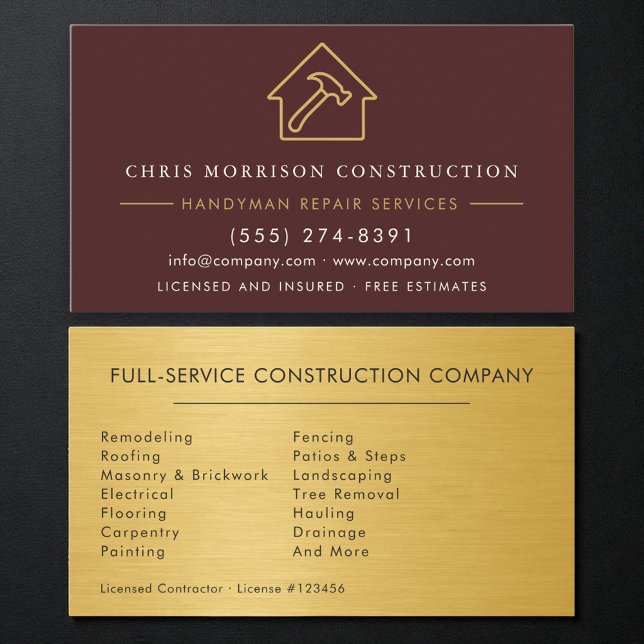 Burgundy Gold Metal Handyman Construction Business Card (Creator Uploaded)