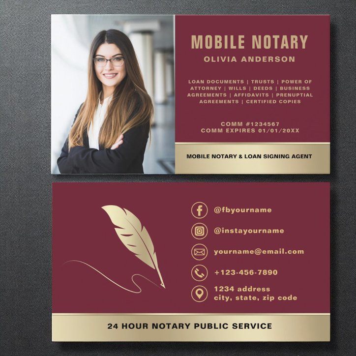 Burgundy Gold Mobile Notary Signing Agent Photo Business Card