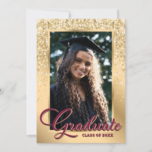 Burgundy Gold Modern 2 Photo Graduation Party Invitation