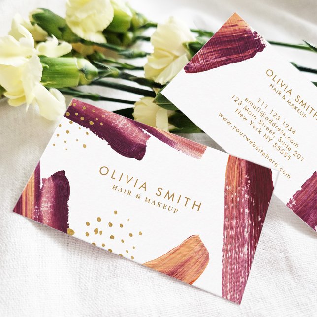Burgundy & Gold Modern Artistic Brush Texture  Business Card (Creator Uploaded)