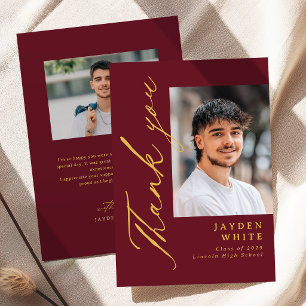 Burgundy Gold Modern Calligraphy Photo Graduation Thank You Card