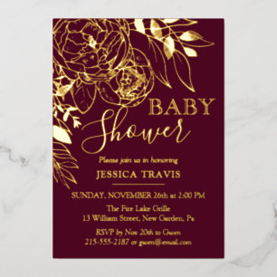 Burgundy & Gold Modern Floral Baby Shower Foil Invitation