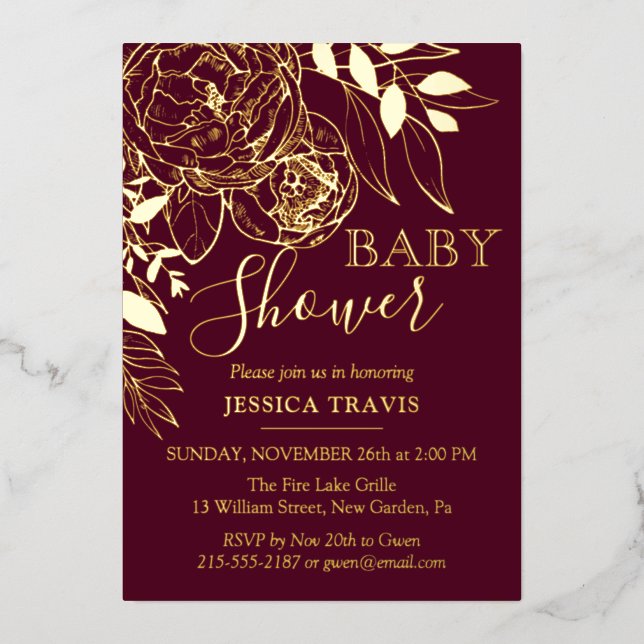 Burgundy & Gold Modern Floral Baby Shower Foil Invitation (Front)