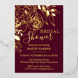 Burgundy & Gold Modern Floral Peony Bridal Shower Foil Invitation
