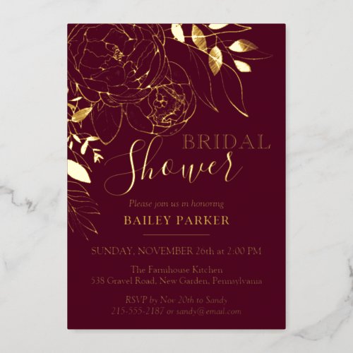 Burgundy  Gold Modern Floral Peony Bridal Shower Foil Invitation