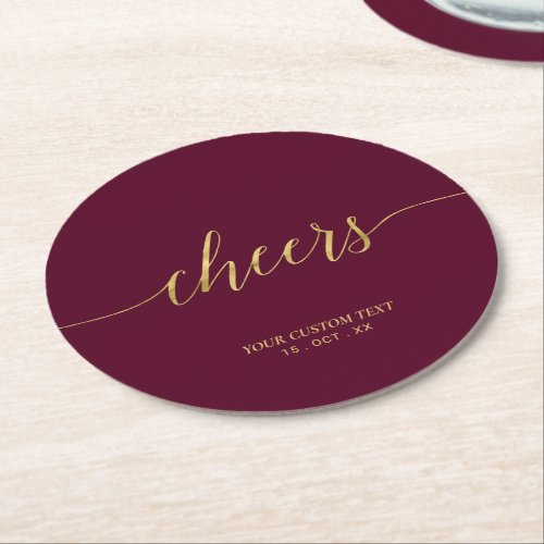 Burgundy  Gold Modern Lettering Cheers Party Round Paper Coaster