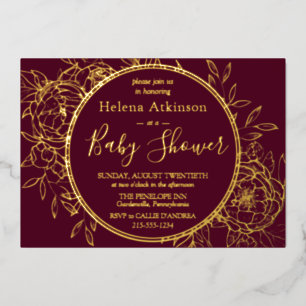 Burgundy & Gold Modern Peony Toile Baby Shower Foil Invitation