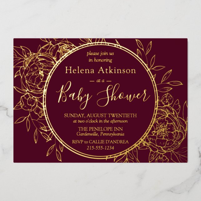 Burgundy & Gold Modern Peony Toile Baby Shower Foil Invitation (Front)