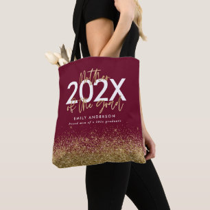 burgundy gold modern script glitter graduation tote bag