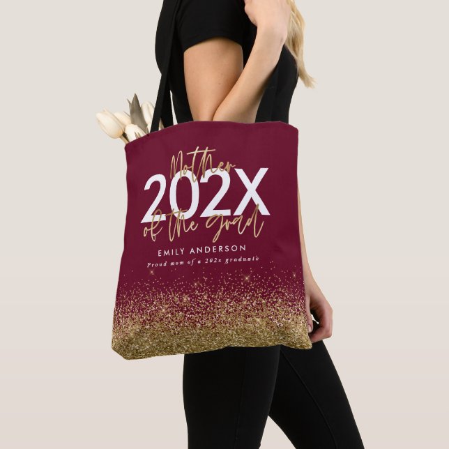 burgundy gold modern script glitter graduation tote bag (Close Up)