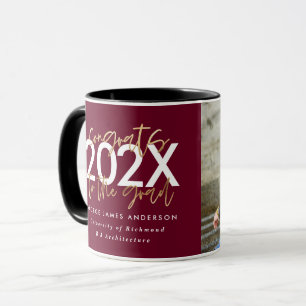 burgundy gold modern script photo grad mug