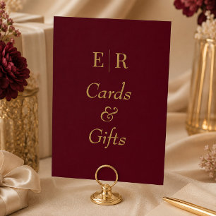 Burgundy Gold Monogram Cards and Gifts Table Sign