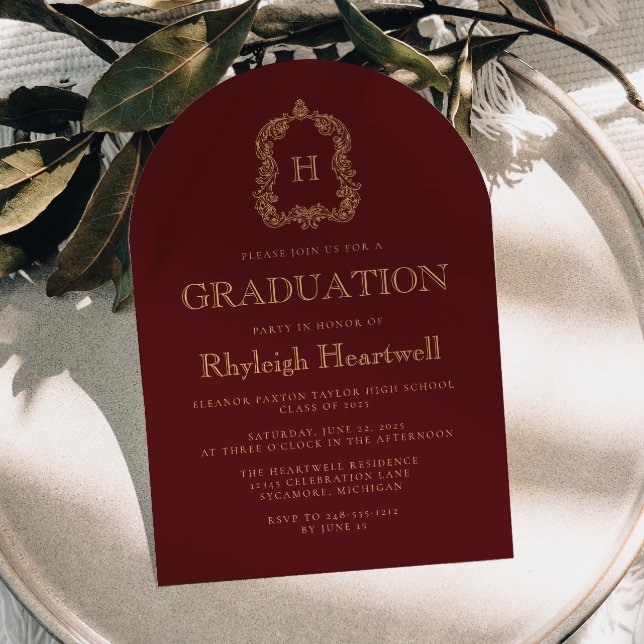 Burgundy Gold Monogram Crest Arch Graduation Party Invitation (Creator Uploaded)