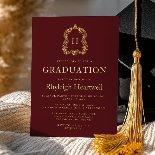 Burgundy Gold Monogram Crest Graduation Party Foil Invitation (Creator Uploaded)