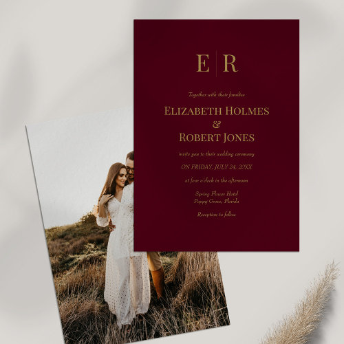 Burgundy Gold Monogram Custom Photo Wedding  Invitation