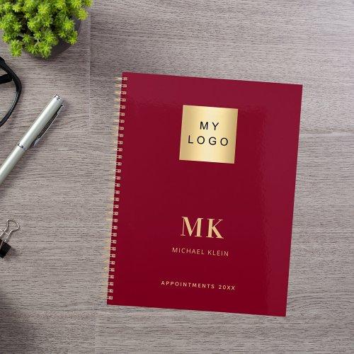 Burgundy gold monogram initials business 2025 planner