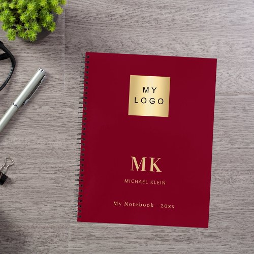 Burgundy gold monogram initials business notebook