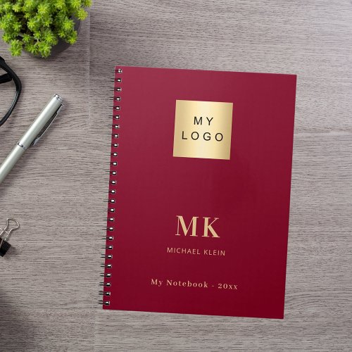 Burgundy gold monogram initials business notebook