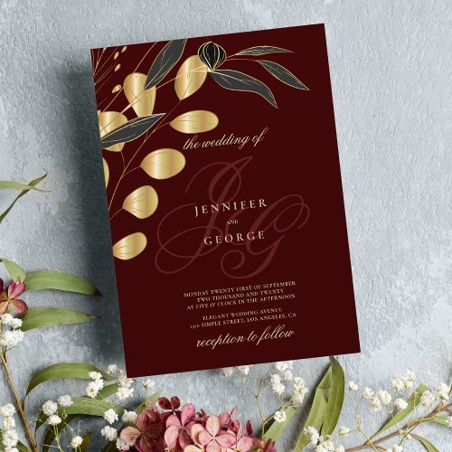 Burgundy gold monogram initials floral wedding invitation