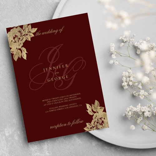 Burgundy gold monogram initials floral wedding invitation