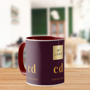 Burgundy gold monogram name business logo mug