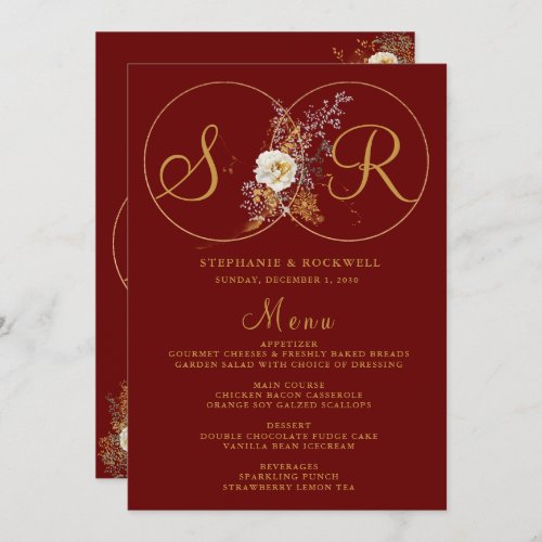 Burgundy Gold Monogram Name Initial Wedding Menu