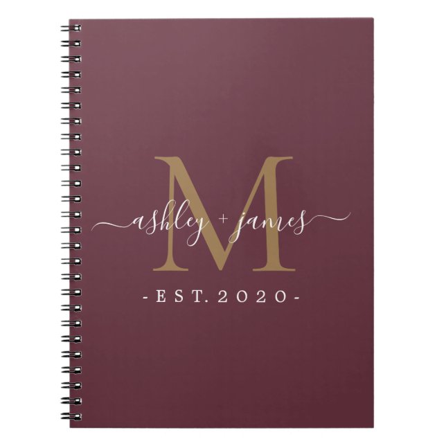 Burgundy Gold Monogram Names Established Year Notebook (Front)