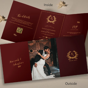 Burgundy Gold Monogram Photo QR | RSVP Wedding  Tri-Fold Card