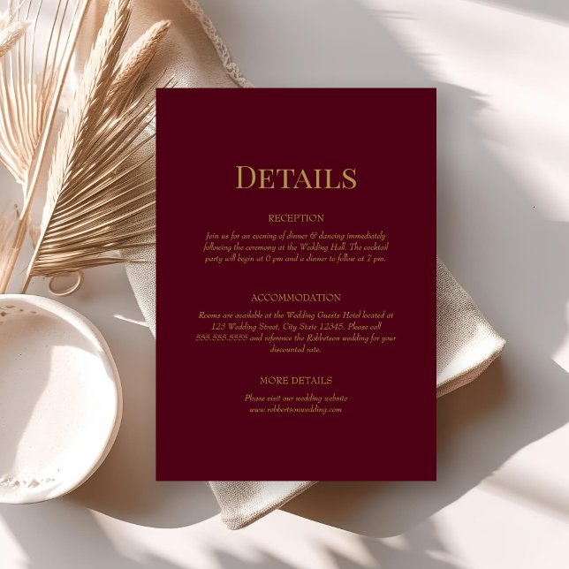 Burgundy Gold Monogram Wedding Details Card (Burgundy Monogram Wedding Details Enclosure Card on neutral boho wedding table.)