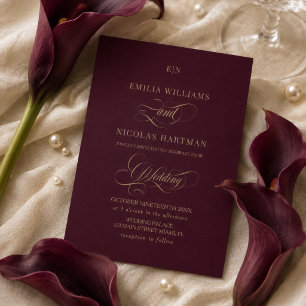 Burgundy Gold Monogram Wedding Invitation