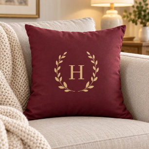 Burgundy gold monogrammed wreath elegant throw pillow