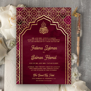 Burgundy Gold Moroccan Arch Muslim Wedding Invitation