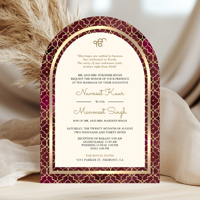 Burgundy Gold Moroccan QR Code Sikh Arch Wedding Invitation (Creator Uploaded)
