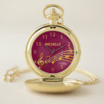 Burgundy gold music notes name pocket watch<br><div class="desc">Simple and elegant for a music lover or musician! Chic girly and feminine violet red,  burgundy colored background with faux gold music notes. Template for your name,  golden letters.  Golden clock numbers.</div>