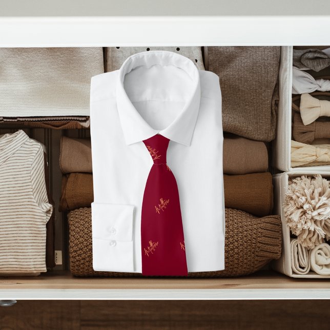 Burgundy gold name pattern modern script neck tie (Creator Uploaded)