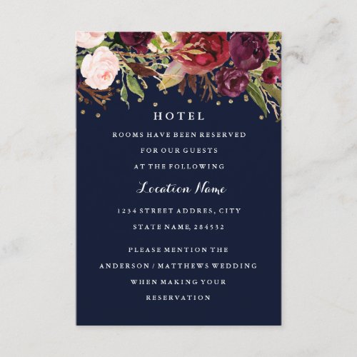 Burgundy Gold Navy Confetti Floral Wedding Hotel Enclosure Card