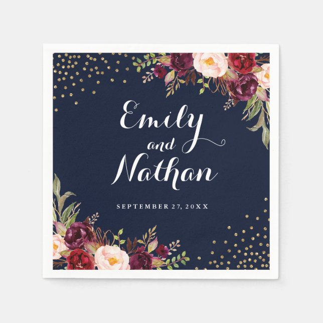 Burgundy Gold Navy Confetti Floral Wedding Napkin (Front)