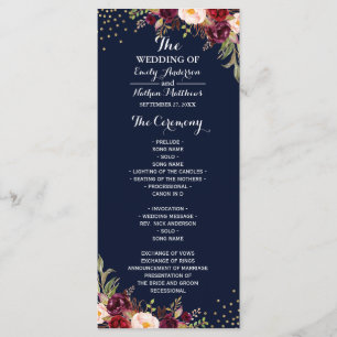Burgundy Gold Navy Confetti Floral Wedding Program